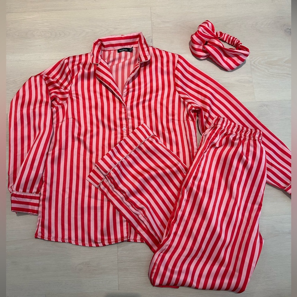 BOOHOO cute striped pink pajama set with matching headband | size 6